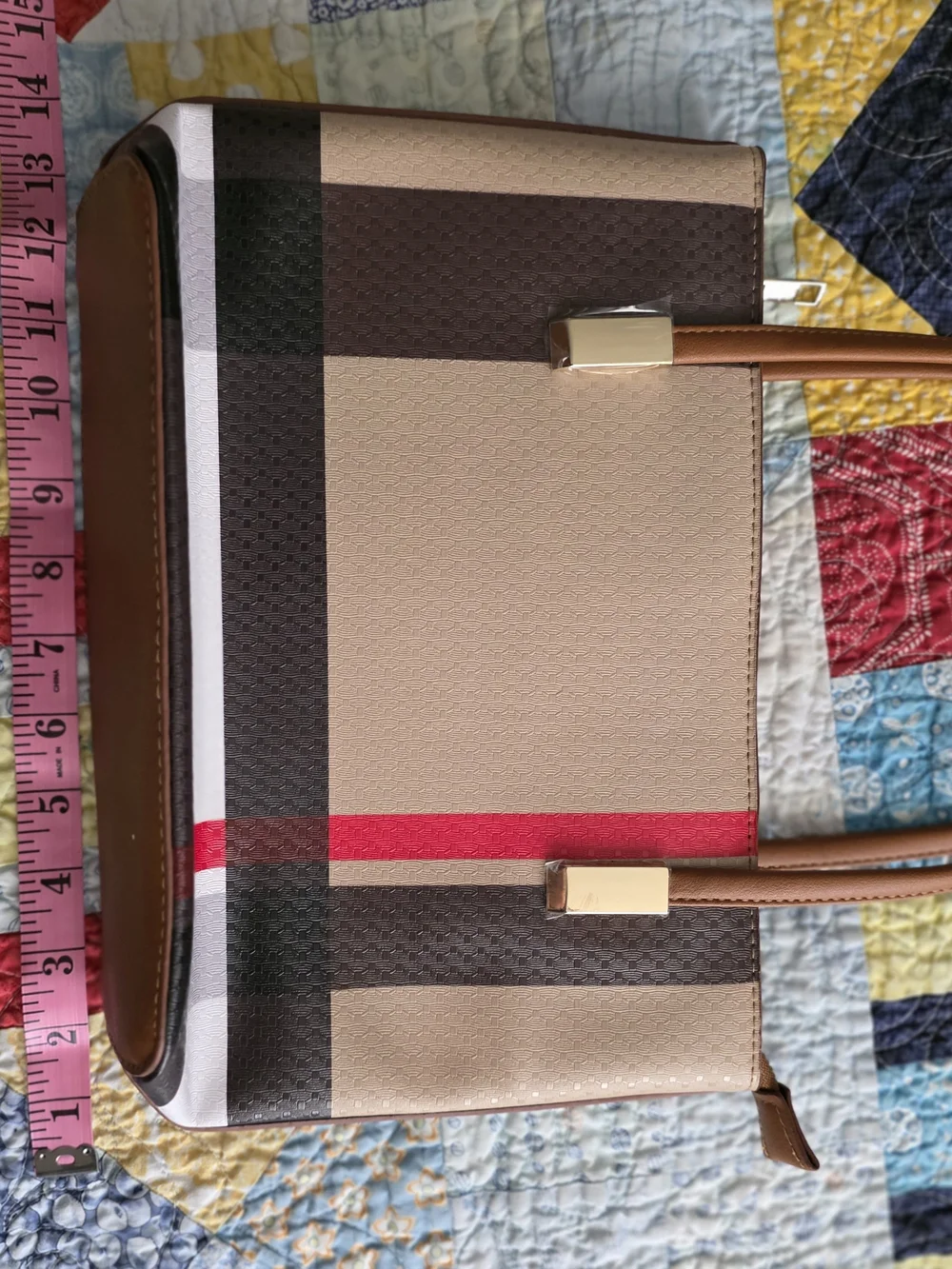 Beige Plaid Tote with Red Stripe and Brown Handles